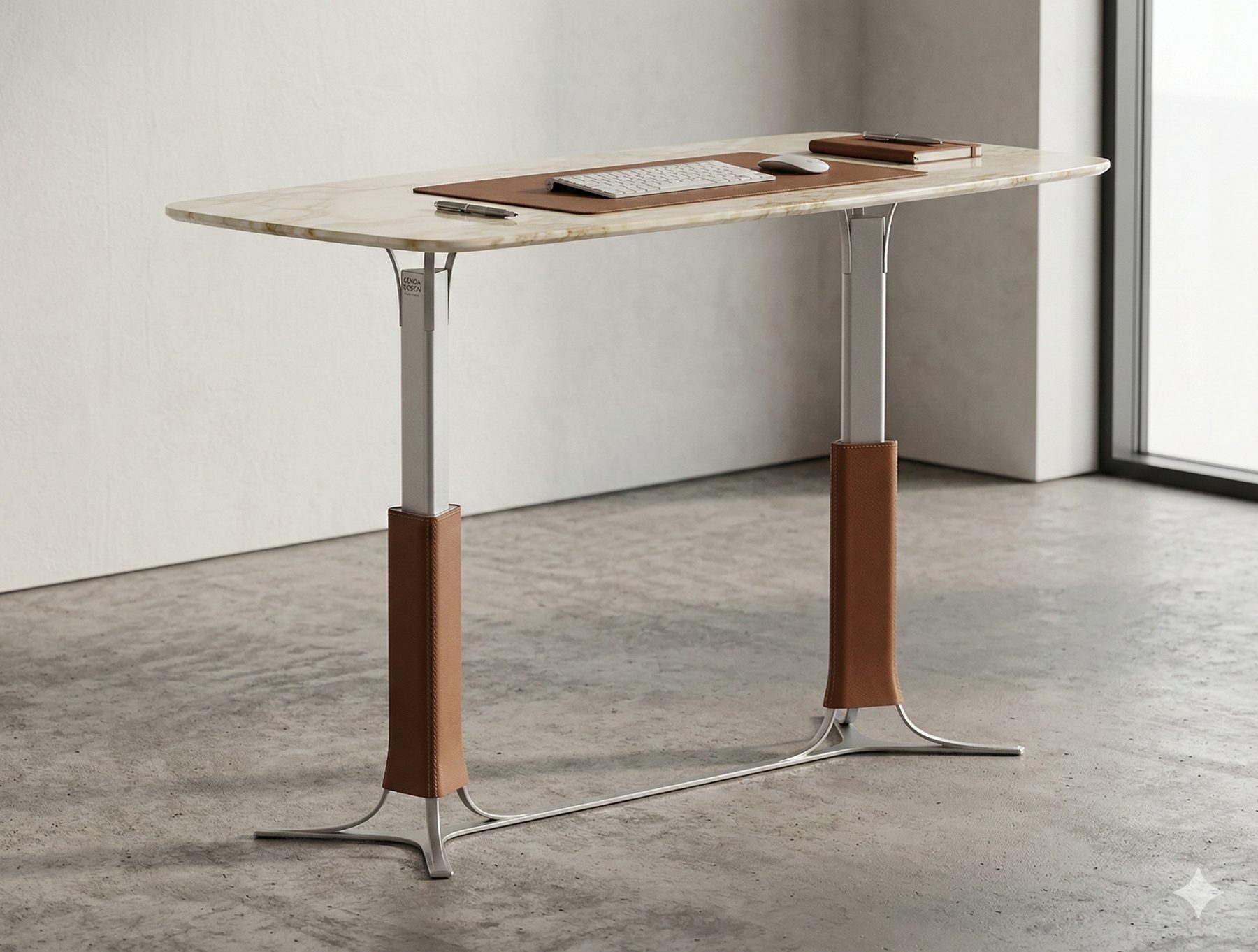 Sit-stand desk with a cream marble top on leather-sleeved telescoping columns and a polished cantilever base